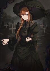 1girl alternate_costume alternate_hairstyle aristocratic_clothes bags_under_eyes black_collar black_headdress black_ribbon black_umbrella blank_stare braid burnt chidouin_sara chinese_commentary closed_mouth collar commentary_request cowboy_shot cross dress dress_ribbon frilled_collar frilled_sleeves frilled_umbrella frills funeral_dress gothic_lolita gown graveyard hair_down headdress high_collar highres holding holding_umbrella juliet_sleeves kimi_ga_shine latin_cross lolita_fashion long_dress long_hair long_sleeves looking_to_the_side night orange_hair outdoors outstretched_hand parasol parted_bangs puffy_sleeves purple_eyes ribbon side_part single_sidelock smile solo straight_hair umbrella victorian yellowmao0509