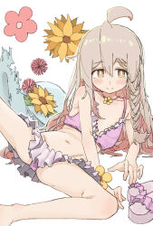1girl ahoge bikini blush braided_sidelock closed_mouth feet_out_of_frame flat_chest flower frilled_bikini frills grey_hair hair_between_eyes hat highres long_hair navel neck_flower onii-chan_wa_oshimai! oyama_mahiro pink_bikini pink_flower pink_hair reclining sandals smile solo split_mouth spread_legs straw_hat sunflower swimsuit unworn_hat unworn_headwear unworn_sandals white_background wrist_flower yellow_eyes yellow_flower yuzuponzup