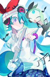 2girls :3 absurdres aqua_hair bag beanie black_dress chinese_commentary closed_eyes collared_shirt commentary_request dress gen_5_pokemon gloves green_hair hanpimaomaotou hat hatsune_miku headphones highres legendary_pokemon long_hair meloetta meloetta_(aria) mini_person minigirl multiple_girls music mythical_pokemon nintendo one_eye_closed pleated_skirt poke_ball pokemon pokemon_(creature) project_voltage psychic_miku_(project_voltage) purple_eyes shirt short_sleeves shoulder_bag singing single_glove skirt smile twintails very_long_hair vocaloid white_gloves white_shirt