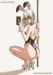 1boy albino animal_ear_hairband animal_ears artist_self-insert ass bare_shoulders black_choker black_leotard black_pantyhose brown_eyes choker commentary crossdressing english_commentary eyeshadow fake_animal_ears fake_tail fishnet_pantyhose fishnets flou-sona_(flou) flou_(flou_art) full_body glasses gloves grey_eyeshadow grey_hair hair_between_eyes hairband high_heels highleg highleg_leotard highres holding holding_phone holding_pole leotard lips makeup male_focus male_playboy_bunny medium_hair mole mole_under_mouth original pantyhose patreon_username phone pink_gloves pink_tail pink_wrist_cuffs platform_heels playboy_bunny pole rabbit_ear_hairband rabbit_ears rabbit_tail simple_background solo squatting strapless strapless_leotard stripper_pole tail taking_picture thighs toes trap white_background wrist_cuffs