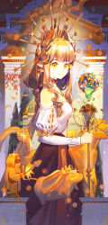 1girl absurdres ambience_synesthesia arknights artist_name black_choker brown_hair choker column commentary dated doctor_(arknights) elf feet_out_of_frame from_side hair_ornament highres holding holding_staff light_smile long_hair looking_at_viewer looking_to_the_side lyuqiu mole mole_under_eye muelsyse_(arknights) muelsyse_(golden_reverie)_(arknights) official_alternate_costume orange_eyes pillar pointy_ears procreate_(medium) signature solo staff very_long_hair