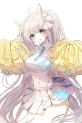 1girl absurdres ahoge animal_ears blue_archive boong0619 bow breasts cat_ears cheerleader cleavage commentary_request commission cowboy_shot crop_top green_eyes grin hair_bow halterneck highres holding holding_pom_poms korean_commentary long_hair looking_at_viewer medium_breasts midriff millennium_cheerleader_outfit_(blue_archive) navel original pleated_skirt pom_pom_(cheerleading) pom_poms skirt smile solo stomach twintails two-tone_shirt very_long_hair white_hair white_skirt