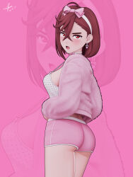 1girl 3d absurdres ass asymmetrical_bangs ayase_momo blender_(medium) blush bow bow_choker breasts brown_eyes brown_hair camisole choker commentary crossed_bangs dandadan dated earrings english_commentary from_side hair_between_eyes hair_bow heart heart_earrings highres jewelry kleymir long_sleeves looking_at_viewer medium_breasts medium_hair open_mouth open_pajamas pajamas pink_background pink_bow pink_pajamas pink_shorts print_camisole short_shorts shorts signature solo spaghetti_strap thighs white_camisole zoom_layer