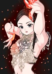 1girl blackpink braid brown_hair commentary embers eyelashes fingernails fire halterneck highres jennie_(blackpink) k-pop long_fingernails mole open_mouth real_life samarundao simple_background solo upper_body white_nails