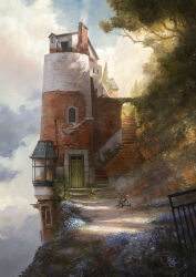 Rule 34 | absurdres, ag+ (atelieriji), arch, architecture, brick, building, chimney, cliff, cloud, commentary request, day, door, flower, highres, house, light rays, no humans, open window, original, outdoors, railing, scenery, sky, smoke, stairs, tree, tricycle, window