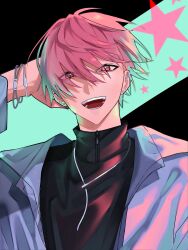 1boy :d absurdres aqua_background arm_behind_head black_background black_shirt bracelet commentary ear_piercing grey_jacket hair_between_eyes hand_up highres jacket jewelry long_sleeves looking_at_viewer male_focus okakiatta open_mouth original piercing pink_eyes pink_hair shirt short_hair smile solo star_(symbol) teeth two-tone_background upper_body