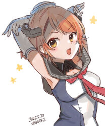 1girl arms_behind_head artist_name black_sailor_collar breasts brown_eyes brown_hair dated dixie_cup_hat elbow_gloves flipped_hair gloves grey_shirt hat headgear kantai_collection kirisawa_juuzou medium_breasts military_hat neckerchief red_neckerchief richard_p._leary_(kancolle) sailor_collar school_uniform serafuku shirt short_hair simple_background smile solo star_(symbol) two-tone_shirt upper_body white_background white_gloves white_hat