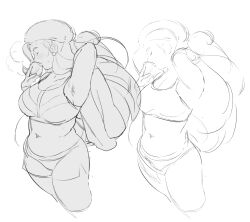 Rule 34 | 1girl, armpits, breasts, closed eyes, earrings, fur hat, hat, jewelry, large breasts, long hair, melony (pokemon), midriff, multiple views, nintendo, plump, poke ball, pokemon, pokemon swsh, redchamberdream, short shorts, shorts, sketch, sports bra