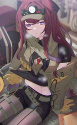 1girl :o arknights belt black_shirt black_shorts blurry blurry_background book breath brown_jacket chromatic_aberration commentary cowboy_shot film_grain garter_straps gloves grey_belt hair_ornament hairclip half-closed_eyes highres hot jacket kimo_suna long_hair long_sleeves looking_at_viewer midriff_peek multicolored_hair navel off_shoulder parted_lips purple_eyes purple_hair ray_(arknights) red_hair shirt short_sleeves shorts sitting solo streaked_hair sweat thigh_strap visor_cap yellow_gloves zipper