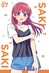 1girl black_camisole blue_shorts blush breasts camisole dot_nose female_focus highres hiroyuki kanojo_mo_kanojo long_hair looking_at_viewer official_art open_mouth red_eyes red_hair saki_saki_(kanojo_mo_kanojo) shirt short_sleeves shorts small_breasts solo solo_focus thighs white_shirt