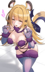 1girl animal_ears bare_shoulders blonde_hair blush breasts cleavage cosplay elbow_gloves fate/grand_order fate_(series) fur-trimmed_gloves fur-trimmed_legwear fur-trimmed_thighhighs fur_collar fur_trim gloves green_eyes highres ju_fufu laxiusart long_hair looking_at_viewer mash_kyrielight mash_kyrielight_(dangerous_beast) mash_kyrielight_(dangerous_beast)_(cosplay) medium_breasts navel o-ring open_mouth purple_gloves purple_thighhighs revealing_clothes smile solo striped_hair tail thighhighs thighs tiger_ears tiger_girl tiger_tail zenless_zone_zero