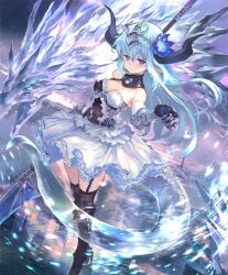 Rule 34 | blue hair, dragon, dragon girl, dragon tail, dress, filene (shadowverse), horns, looking at viewer, ponzu (catponz), shadowverse, tail, white dress