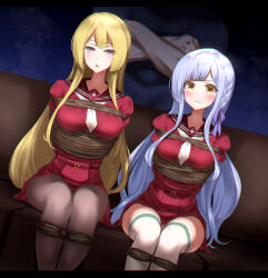 Rule 34 | 1boy, 2girls, arms behind back, assault lily, bdsm, belt, belt buckle, blonde hair, blue background, blunt bangs, blush, bondage, bound, bound arms, bound legs, bound together, braid, breasts, brown pantyhose, brown sailor collar, buckle, chromatic aberration, clenched teeth, commentary request, commission, couch, crossed arms, dutch angle, feet out of frame, gradient background, grey hair, hair ribbon, hetero, high-waist skirt, highres, kanba girls high school uniform, kon kanaho, legs together, letterboxed, light particles, long hair, long sleeves, looking at viewer, medium breasts, miniskirt, miyagawa takane, multiple girls, necktie, on couch, pantyhose, parted lips, pixiv commission, purple eyes, purple ribbon, red belt, red shirt, red skirt, ribbon, sailor collar, school uniform, serafuku, shirt, short necktie, side braid, sidelocks, skirt, teeth, thighhighs, v-shaped eyebrows, very long hair, white necktie, white thighhighs, wotohachi, yellow eyes
