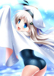 1girl :3 :d ass bat_hair_ornament beret blue_eyes blurry blush cape cowboy_shot depth_of_field fang female_focus hair_ornament hat head_tilt little_busters! long_hair noumi_kudryavka one-piece_swimsuit open_mouth silver_hair smile solo sparkle swimsuit white_hat zen