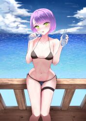 1girl bikini black_bikini blush bottle breasts collarbone commentary cowboy_shot galileoningyo_e green_eyes halterneck highres holding holding_bottle hololive ocean purple_hair short_hair side-tie_bikini_bottom sitting small_breasts solo string_bikini swimsuit tokoyami_towa virtual_youtuber wet