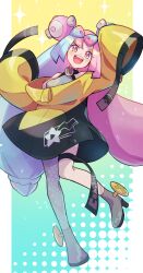 bow-shaped_hair character_hair_ornament creatures_(company) game_freak grey_pantyhose hair_ornament hexagon_print highres iono_(pokemon) jacket long_hair long_sleeves low-tied_long_hair multicolored_hair nintendo oversized_clothes pantyhose pokemon pokemon_sv sharp_teeth single_leg_pantyhose sleeves_past_fingers sleeves_past_wrists split-color_hair teeth two-tone_hair very_long_sleeves x yellow_jacket zeroki_(izuno)