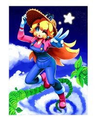 1girl ;) absurdres bean_stalk blonde_hair blue_eyes blue_overalls blue_sky boots cappy_(mario) climbing cloud collarbone commentary earrings farmer female_focus full_body gloves hat highres jewelry long_hair long_sleeves looking_at_viewer mario_(series) mouth_hold nintendo one_eye_closed outdoors outstretched_arm overalls pink_boots pink_shirt princess_peach princess_peach_(farmer) ravenousruss shirt sidelocks sky smile solo star_(sky) sun_hat super_mario_odyssey v white_gloves