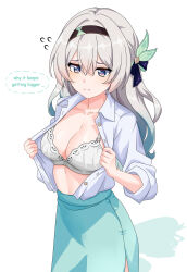1girl alternate_costume black_bow black_hair blue_eyes blush bow bra breasts cleavage closed_mouth collarbone collared_shirt commentary cowboy_shot english_text firefly_(honkai:_star_rail) flying_sweatdrops gradient_hair green_hair green_pupils green_skirt grey_hair hair_between_eyes hair_bow highres honkai:_star_rail honkai_(series) large_breasts maxwelzy multicolored_hair office_lady open_clothes open_shirt shirt skirt solo underwear white_bra white_shirt