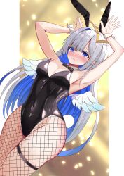 1girl absurdres amane_kanata angel angel_wings animal_ears black_leotard blue_hair blush breasts closed_mouth collar colored_inner_hair detached_collar fake_animal_ears fake_tail fishnet_pantyhose fishnets grey_hair halo heart_pasties highres hololive leotard long_hair multicolored_hair pantyhose pasties playboy_bunny purple_eyes rabbit_ears rabbit_pose rabbit_tail small_breasts sohachi solo star_halo strapless strapless_leotard tail thigh_strap very_long_hair virtual_youtuber white_collar white_wrist_cuffs wings wrist_cuffs