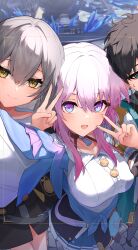 1boy 2girls absurdres black_choker black_hair black_overskirt black_skirt blue_eyes blue_skirt bra_strap breasts buttons camera choker closed_mouth cowboy_shot dan_heng_(honkai:_star_rail) dan_heng_(hunt)_(honkai:_star_rail) front_slit gradient_clothes gradient_jacket green_eyes green_pupils grey_hair highres honkai:_star_rail honkai_(series) jacket light_blush long_sleeves march_7th_(honkai:_star_rail) march_7th_(preservation)_(honkai:_star_rail) medium_breasts medium_hair miniskirt multicolored_eyes multiple_girls open_mouth overskirt pink_eyes pink_hair pink_jacket pink_pupils pleated_skirt selfie shirt short_hair shumai_il skirt smile stelle_(honkai:_star_rail) tied_jacket trailblazer_(honkai:_star_rail) two-tone_eyes underbust v viewfinder white_shirt yellow_eyes yellow_pupils