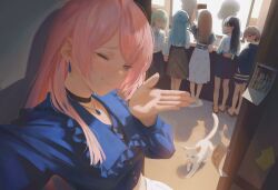 6+girls absurdres animalization annotated bang_dream! bang_dream!_it&#039;s_mygo!!!!! black_choker black_hair blue_hair blue_hoodie blue_jacket blue_shorts blue_skirt brown_eyes brown_hair chihaya_anon chinese_commentary choker commentary_request crychic_(bang_dream!) crying crying_with_eyes_open earrings green_hair grey_eyes grey_hair grey_skirt hand_on_another&#039;s_waist highres holding_another&#039;s_wrist hood hood_down hoodie jacket jewelry kaname_raana long_hair looking_at_another misumi_uika multiple_girls nagasaki_soyo necklace photo_(object) pink_hair purple_eyes raana_the_cat selfie shiina_taki shirt short_hair shorts skirt sumimi_(bang_dream!) sumita_mana takamatsu_tomori tears togawa_sakiko translated two_side_up wakaba_mutsumi white_shirt white_skirt yao_liao_wang yellow_eyes