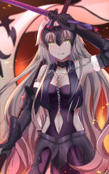 1girl armor armored_dress breasts chain clothing_cutout cowboy_shot dress fate/grand_order fate_(series) fur_trim grey_hair headpiece highres jeanne_d&#039;arc_(fate) jeanne_d&#039;arc_alter_(avenger)_(fate) jeanne_d&#039;arc_alter_(avenger)_(third_ascension)_(fate) jeanne_d&#039;arc_alter_(fate) long_hair medium_breasts navel navel_cutout sii_artatm solo sword very_long_hair weapon yellow_eyes