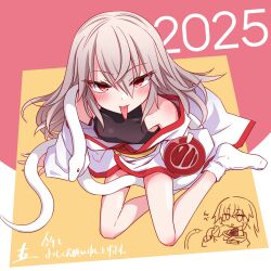 Rule 34 | 1girl, 2025, alcohol, chinese zodiac, cup, elena trafalgar, flat chest, grey hair, happy new year, highres, holding, ikune juugo, long hair, looking at viewer, new year, original, red eyes, sakazuki, sake, snake, socks, solo, tongue, tongue out, white socks, year of the snake