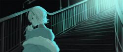 1girl ahoge asakura_toru blue_eyes blue_hair blue_jacket blue_shirt blue_theme blurry closed_mouth depth_of_field earrings from_behind fur-trimmed_jacket fur_trim goshiki_suzu hand_up idolmaster idolmaster_shiny_colors jacket jewelry long_sleeves looking_at_viewer looking_back night off_shoulder outdoors shirt short_hair smile solo stairs upper_body