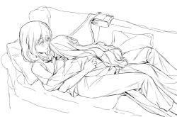 2girls aficksuna bag bang_dream! bang_dream!_it&#039;s_mygo!!!!! blush chinese_commentary closed_mouth commentary_request couch greyscale handbag highres holding_own_arm hug long_hair long_sleeves medium_hair misumi_uika monochrome multiple_girls on_couch pants pillow togawa_sakiko two_side_up yuri