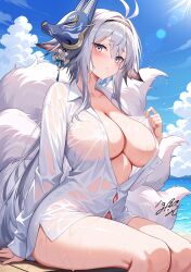 1girl absurdres animal_ears antenna_hair arm_support artist_name azur_lane beach black_hairband blush breasts buttons cleavage cloud collarbone collared_shirt commentary_request day fox_ears fox_mask fox_tail hair_between_eyes hairband highres honyara-san kitsune kyuubi large_breasts lens_flare long_hair looking_at_viewer mask mask_on_head multiple_tails naked_shirt ocean official_alternate_costume open_clothes outdoors partially_unbuttoned see-through_clothes see-through_shirt shirt shirt_tug sitting solo sunlight tail thighs tosa_(a_glimpse_of_greatness)_(azur_lane) tosa_(azur_lane) wet white_shirt yellow_eyes