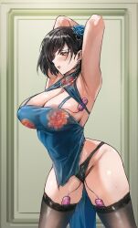 Rule 34 | 1girl, absurdres, azur lane, bare hips, bare shoulders, bingtang xueli, black hair, black panties, black thighhighs, blue dress, blue flower, breasts, chien wu (azur lane), chien wu (dressed for just tonight) (azur lane), china dress, chinese clothes, cleavage, dress, evening gown, floral print, flower, highres, huge breasts, lace, lace-trimmed thighhighs, lace trim, medium hair, official alternate costume, panties, red eyes, red flower, remote control vibrator, sex toy, solo, thighhighs, underwear, vibrator, vibrator under clothes