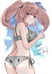 1girl 9610_(kuroto) artist_name ass atlanta_(kancolle) atlanta_(swimsuit)_(kancolle) bikini breasts brown_hair cowboy_shot dated from_behind grey_bikini grey_eyes kantai_collection large_breasts layered_bikini long_hair looking_at_viewer looking_back one-hour_drawing_challenge side-tie_bikini_bottom solo swimsuit twitter_username two_side_up