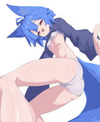 1girl ahoge animal_ears ass blue_hair blue_sweater blush bra breasts fox_ears fox_tail from_below hair_between_eyes highres looking_at_viewer looking_down miya_(myakuro) myakuro open_mouth original panties red_eyes simple_background small_breasts smile solo sweater tail teeth underwear upper_teeth_only white_background white_bra white_panties