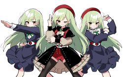 3girls absurdres ascot bang_dream! bang_dream!_it&#039;s_mygo!!!!! belt beret black_capelet black_choker black_pantyhose blue_dress blush capelet chinese_commentary choker closed_mouth commentary_request dress frilled_choker frills green_brooch green_hair hair_ornament hairclip hat henshin_pose highres kamen_rider kamen_rider_(1st_series) kamen_rider_v3_(series) long_hair long_sleeves mortis_(bang_dream!) mortis_(costume)_(bang_dream!) mortis_(persona)_(bang_dream!) multiple_girls multiple_persona pantyhose pantyhose_under_shorts parody pouch puff_of_air red_belt red_hat red_shorts rider_belt shirt shorts simple_background typhoon_(kamen_rider) wakaba_mutsumi white_ascot white_background white_shirt yellow_eyes zhanzhangzlw
