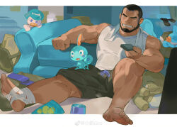 1boy absurdres atcesolcyc bandaged_foot bandages bara beard big_nose black_hair black_shorts black_socks blue_eyes buzz_cut calves chinese_commentary clenched_teeth closed_eyes commentary_request commission controller creatures_(company) dark-skinned_male dark_skin facial_hair feet full_body game_freak gen_3_pokemon gen_8_pokemon highres male_focus matt_(pokemon) mature_male mudkip muscular muscular_male nintendo pectoral_cleavage pectorals pokemon pokemon_(creature) pokemon_oras quaxly remote_control second-party_source shirt short_hair shorts sidepec sitting sleeveless sleeveless_shirt smell sobble socks soles solo_focus spread_legs steaming_body substitute_(pokemon) sweat teeth toes unworn_socks veins veiny_arms very_short_hair white_shirt