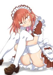 1girl apron blush bow bowtie brown_eyes brown_footwear brown_hair brown_skirt brown_vest dress frilled_apron frilled_dress frills highres hugging_own_legs knees_to_chest kobayashi-san_chi_no_maidragon kobayashi_(maidragon) kobayashi_sun_(artist) looking_at_viewer maid maid_apron maid_headdress medium_hair o3o panties pantyshot pink_bow pink_bowtie puffy_short_sleeves puffy_sleeves short_sleeves simple_background skirt solo thighhighs underwear vest waist_apron white_apron white_background white_panties white_thighhighs