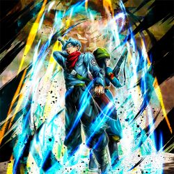 1girl 2girls absurdres aura black_eyes black_hair blue_eyes blue_hair couple dragon_ball dragon_ball_legends dragon_ball_super goku_black gun highres long_hair mai_(future)_(dragon_ball) military_uniform multiple_girls official_art scratches serious sword trunks_(dragon_ball) trunks_(future)_(dragon_ball) weapon