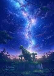 absurdres au_ito cloud cloudy_sky commentary_request dilapidated flower grass highres milky_way night night_sky no_humans original overgrown planetarium red_flower scenery shooting_star sky star_(sky) starry_sky watermark yellow_flower