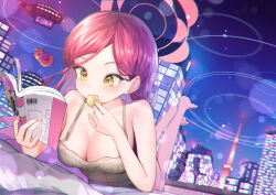 3girls absurdres aircraft arona_(blue_archive) bag barcode bare_arms barefoot black_hair blue_archive blurry bokeh book breasts cat chee_ke city city_lights cityscape cleavage commentary_request depth_of_field dirigible dress eating english_text faceless faceless_female feet feet_up food forehead hairband halo hat highres hinata_(blue_archive) hinata_(swimsuit)_(blue_archive) holding holding_bag holding_book holding_food holding_umbrella large_breasts light_blush long_hair lying multiple_girls night night_sky on_stomach one-piece_swimsuit parted_bangs reading red_hair red_halo school_uniform serafuku skirt sky sleeveless sleeveless_dress solo_focus swimsuit takane_(blue_archive) the_pose tokyo_tower twitter_username umbrella very_long_hair white_dress white_one-piece_swimsuit white_skirt yellow_eyes