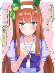 Rule 34 | 1girl, animal ears, blunt bangs, blunt sidelocks, blush, border, bow, bowtie, closed mouth, collarbone, commentary request, ear covers, hairband, hand up, highres, horse ears, horse girl, long hair, looking at viewer, orange hair, outline, outside border, peruninjin, pink background, purple bow, purple bowtie, purple shirt, sailor collar, school uniform, shirt, short sleeves, sidelocks, silence suzuka (umamusume), simple background, smile, solo, summer uniform, tracen school uniform, translation request, umamusume, upper body, white border, white hairband, white outline, white sailor collar