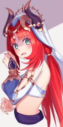 1girl absurdres bare_shoulders blue_nails blush breasts commentary_request crop_top cropped_torso detached_sleeves ewaaawa fake_horns from_side genshin_impact green_eyes harem_outfit highres horns long_hair looking_at_viewer low_twintails midriff nilou_(genshin_impact) open_mouth red_hair shaded_face shadow small_breasts solo sweat twintails veil white_background white_sleeves white_veil