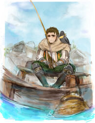 animal animal_on_shoulder bird bird_on_shoulder brown_hair crow dock fishing fishing_rod japanese_clothes kimono male_focus saika_magoichi sengoku_musou shawl sitting yukimoto