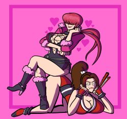 2girls ass boots breasts brown_eyes brown_hair cleavage cleavage_cutout clothing_cutout curvy dress female_focus fingerless_gloves fishnets fluffy girl_on_top gloves hand_fan heart heel_up high_ponytail huge_ass huge_breasts jacket japanese_clothes kneeling large_breasts leather long_hair multiple_girls pale_skin ponytail riding shermie_(kof) shiranui_mai shoes sitting sitting_on_person skirt smile smiley_face the_king_of_fighters thick_thighs thighs top-down_bottom-up twintails wide_hips