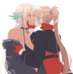 Rule 34 | 2girls, amazuki jou, azur lane, bikini, bikini top only, black choker, black jacket, body markings, brown eyes, brown hair, choker, commentary request, dark-skinned female, dark skin, earrings, facial mark, forehead mark, gloves, grey hair, highres, historical connection, jacket, jean bart (azur lane), jewelry, kiss, long hair, massachusetts (azur lane), multiple girls, native american, off shoulder, open clothes, open jacket, ponytail, red gloves, simple background, surprise kiss, surprised, swimsuit, upper body, white background, wide-eyed, yuri