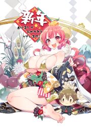 1girl absurdres barefoot bikini black_kimono blunt_bangs blush bow breasts character_doll chinese_zodiac dice dragon_girl dragon_horns dragon_tail feet flower food food_on_head fruit fur_collar gold_bikini gradient_hair highres horns huge_breasts ilulu_(maidragon) japanese_clothes kimono kobayashi-san_chi_no_maidragon kunikune long_hair long_sleeves looking_at_viewer multicolored_hair object_on_head open_mouth pink_hair pointy_ears print_kimono red_flower sharp_teeth slit_pupils soles solo string_bikini swimsuit tail teeth thighs underboob very_long_hair white_bow wide_sleeves year_of_the_dragon