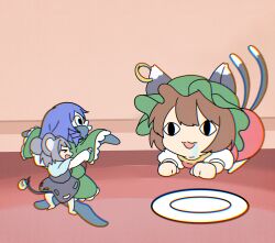 Rule 34 | &gt; &lt;, &lt;|&gt; &lt;|&gt;, :3, :d, absurdres, animal ears, blue capelet, breasts, brown hair, capelet, cat ears, cat tail, chen, chromatic aberration, closed mouth, dancing, dress, drill hair, drill sidelocks, fins, fish, frilled kimono, frills, full body, green kimono, grey hair, grey skirt, grey vest, head fins, highres, indoors, japanese clothes, kimono, long sleeves, medium breasts, mini person, minigirl, mouse ears, mouse girl, mouse tail, multiple tails, nazrin, no humans, open mouth, orange dress, plate, purple sash, saliva, sash, sidelocks, skirt, smile, standing, tail, tom and jerry, touhou, vest, wakasagihime, white sleeves, wide sleeves, yuwayuwano0909