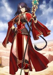 1girl black_hair blue_eyes blue_sky boots braid breasts breasts_apart brown_gloves brown_shirt brown_socks capelet closed_mouth cloud collared_capelet desert detached_sleeves expressionless fate/grand_order fate_(series) fingerless_gloves floating_hair foot_out_of_frame front_slit game_cg gloves grey_eyes hair_tie halterneck hand_on_own_hip hand_up head_tilt hephaestion_(fate) heterochromia high_heel_boots high_heels holding holding_staff knee_blush leg_up long_hair long_skirt long_sleeves looking_at_viewer medium_breasts official_art overskirt parted_bangs pelvic_curtain popped_collar red_boots red_capelet red_sash red_skirt red_sleeves sakamoto_mineji sash shirt short_hair_with_long_locks single_braid skirt sky socks solo staff standing standing_on_one_leg swept_bangs tassel third-party_source variant_set very_long_hair wide_sleeves