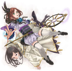 aya_gozen boots brown_eyes brown_hair cloak eyeshadow feather_hair_ornament green_eyes hair_ornament high_heel_boots high_heels hood hood_down hooded_cloak hosokawa_gracia japanese_clothes kimono leg_up long_hair lying lying_on_person makeup obi red_hair sash sengoku_musou staff tassel thighhighs white_thighhighs