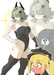 2girls ? absurdres aroused_nosebleed bare_shoulders blonde_hair blood blush breasts caesar_king_(zenless_zone_zero) closed_eyes closed_mouth combat_helmet confused constricted_pupils double-parted_bangs ear_blush full-face_blush green_hair hair_between_eyes hair_ornament half-closed_eye hand_on_own_hip helmet highleg highleg_leotard highres large_breasts legs_apart leotard long_hair luciana_de_montefio multiple_girls multiple_views nangnangnang nosebleed one_eye_closed pickelhaube prosthesis prosthetic_arm red_eyes side_ponytail sidelocks smile spoken_question_mark standing strapless strapless_leotard thighhighs wide-eyed yellow_eyes yuri zenless_zone_zero