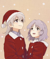 Rule 34 | 2girls, :o, blush, buttons, coat, collared coat, collared shirt, commentary request, dot nose, double-breasted, eila ilmatar juutilainen, from side, fur-trimmed coat, fur-trimmed hood, fur collar, fur trim, green eyes, grey hair, hat, highres, holding hands, hood, hooded coat, long hair, looking up, medium hair, multiple girls, purple eyes, red coat, santa costume, santa hat, sanya v. litvyak, shiratama (hockey), shirt, sidelocks, snowflakes, snowing, strike witches, upper body, world witches series